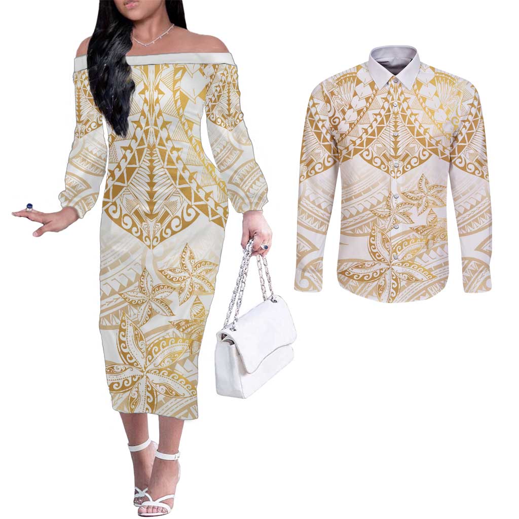 White and Gold Polynesia Couples Matching Off The Shoulder Long Sleeve Dress and Long Sleeve Button Shirt Plumeria Tattoo With Polynesian Pattern