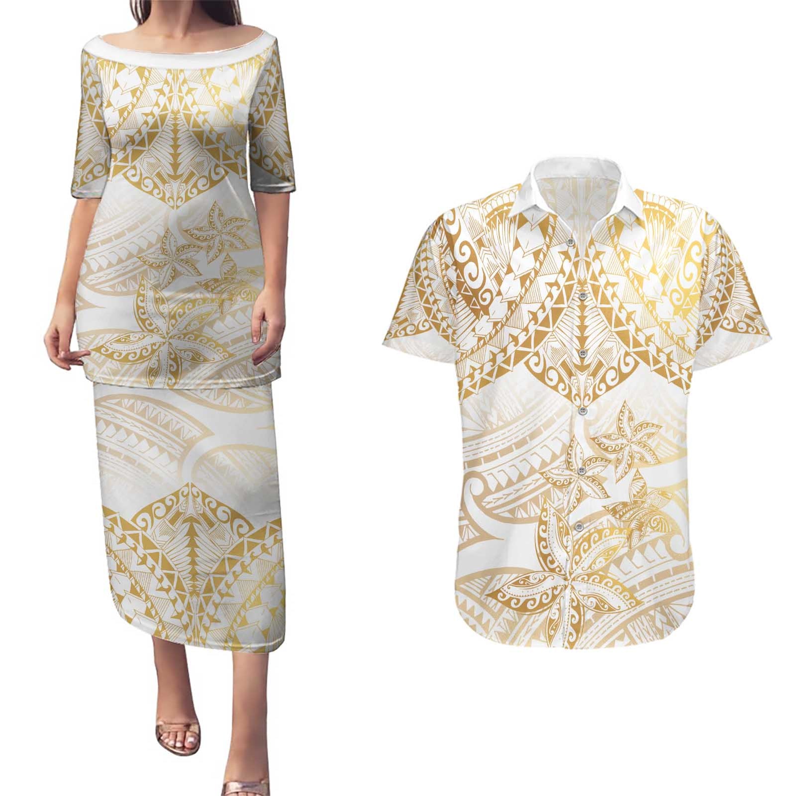 White and Gold Polynesia Couples Matching Puletasi and Hawaiian Shirt Plumeria Tattoo With Polynesian Pattern