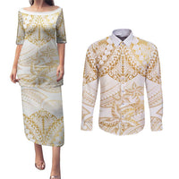 White and Gold Polynesia Couples Matching Puletasi and Long Sleeve Button Shirt Plumeria Tattoo With Polynesian Pattern