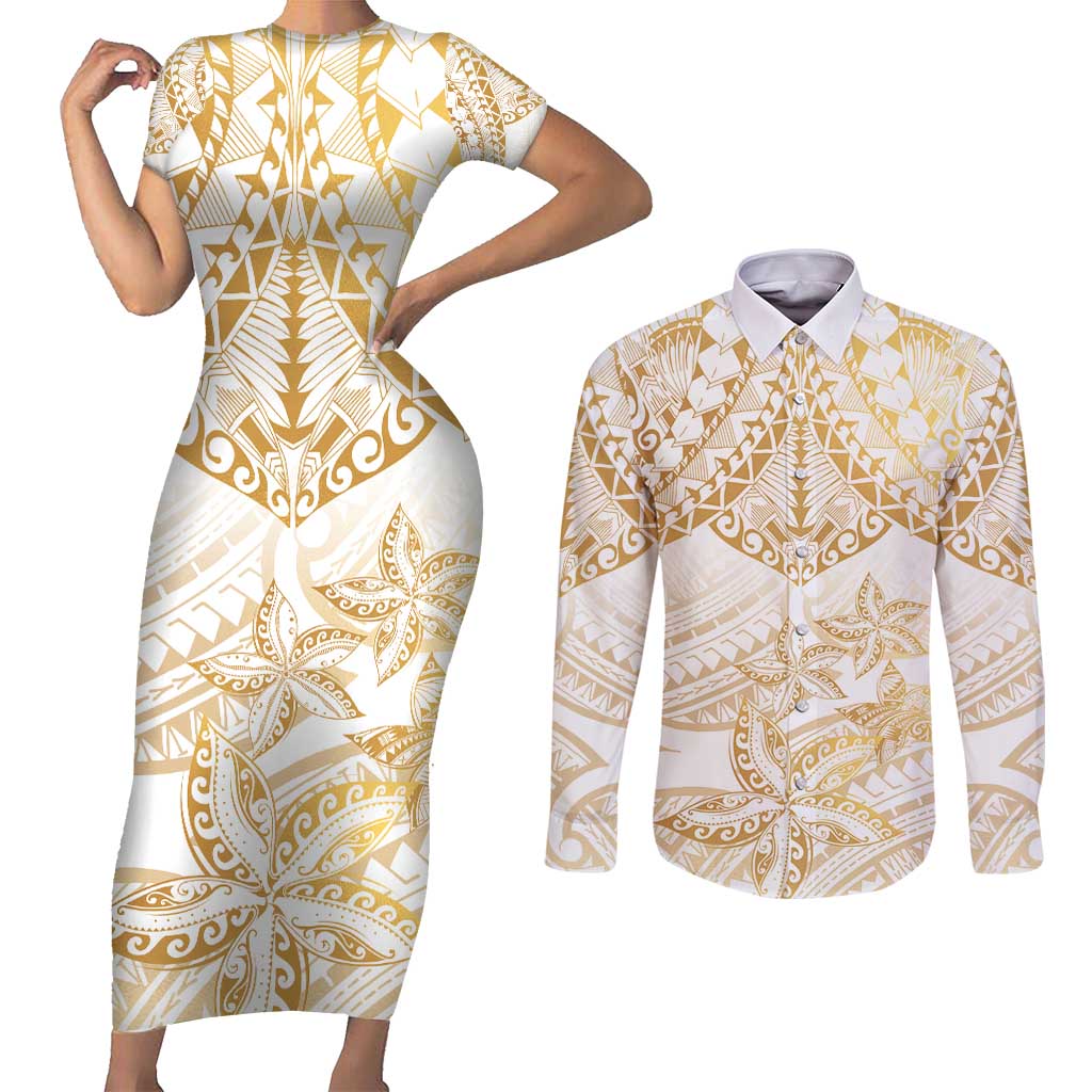 White and Gold Polynesia Couples Matching Short Sleeve Bodycon Dress and Long Sleeve Button Shirt Plumeria Tattoo With Polynesian Pattern