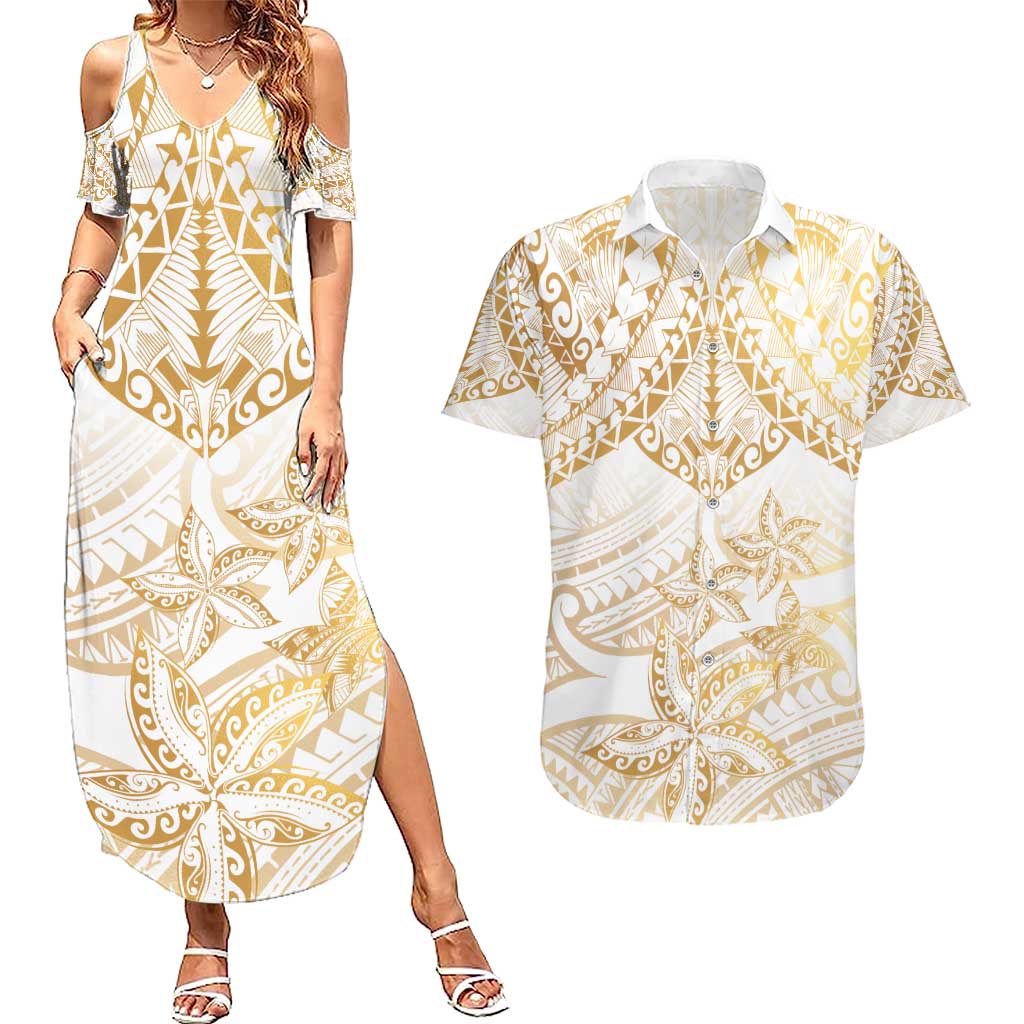 White and Gold Polynesia Couples Matching Summer Maxi Dress and Hawaiian Shirt Plumeria Tattoo With Polynesian Pattern