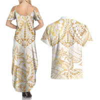 White and Gold Polynesia Couples Matching Summer Maxi Dress and Hawaiian Shirt Plumeria Tattoo With Polynesian Pattern