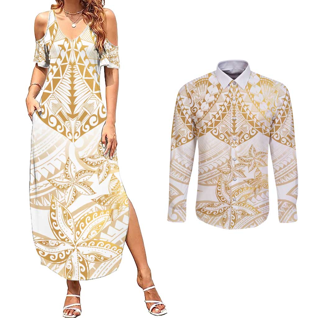 White and Gold Polynesia Couples Matching Summer Maxi Dress and Long Sleeve Button Shirt Plumeria Tattoo With Polynesian Pattern