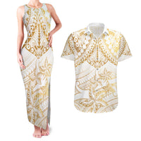 White and Gold Polynesia Couples Matching Tank Maxi Dress and Hawaiian Shirt Plumeria Tattoo With Polynesian Pattern