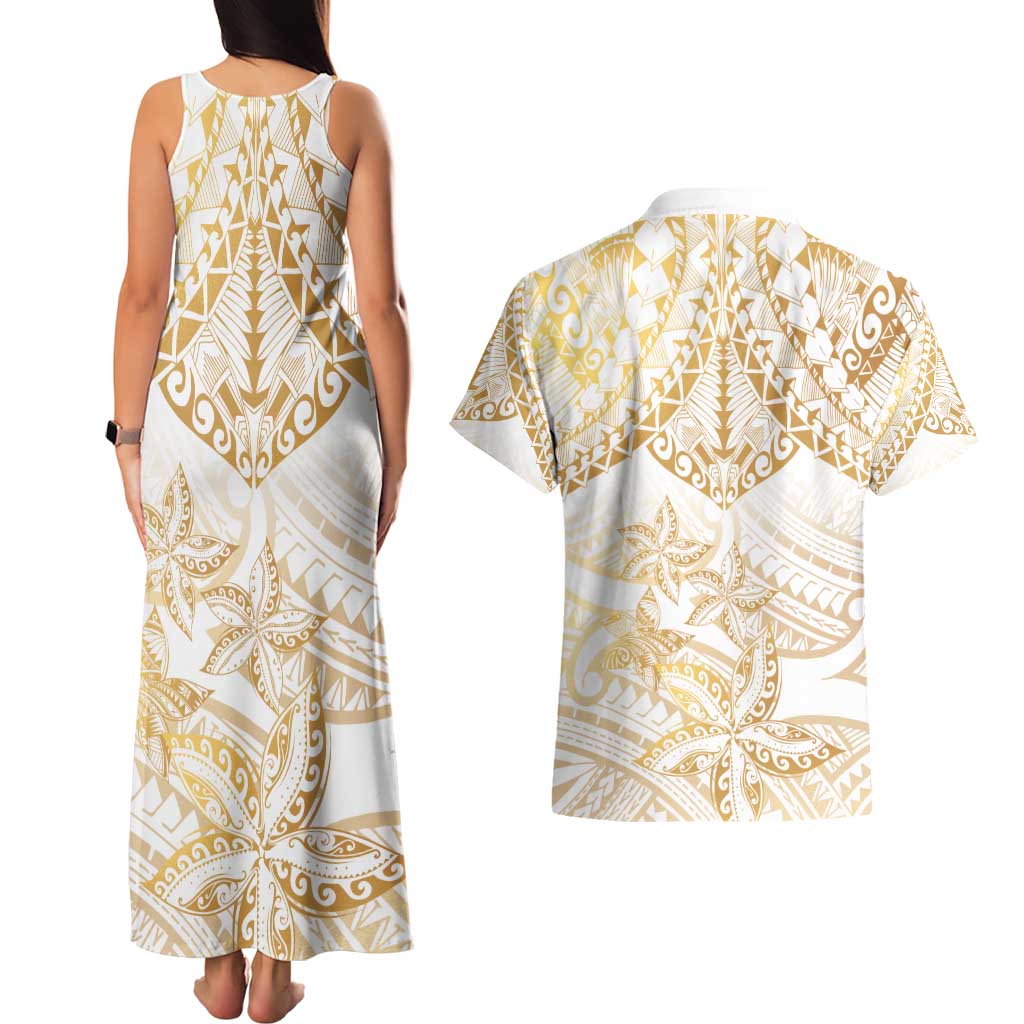 White and Gold Polynesia Couples Matching Tank Maxi Dress and Hawaiian Shirt Plumeria Tattoo With Polynesian Pattern