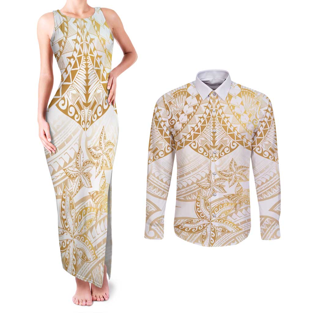 White and Gold Polynesia Couples Matching Tank Maxi Dress and Long Sleeve Button Shirt Plumeria Tattoo With Polynesian Pattern