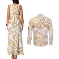 White and Gold Polynesia Couples Matching Tank Maxi Dress and Long Sleeve Button Shirt Plumeria Tattoo With Polynesian Pattern
