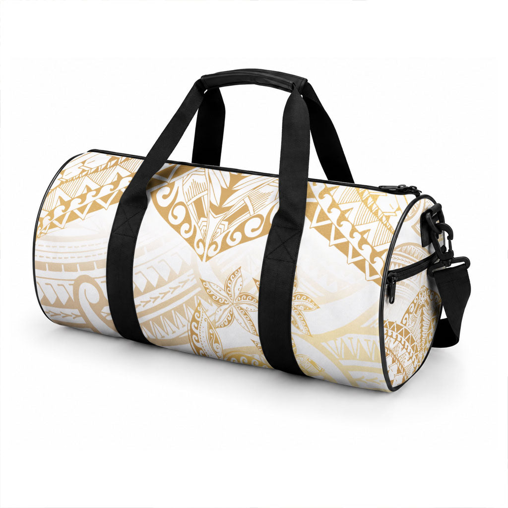 White and Gold Polynesia Duffle Bag Plumeria Tattoo With Polynesian Pattern