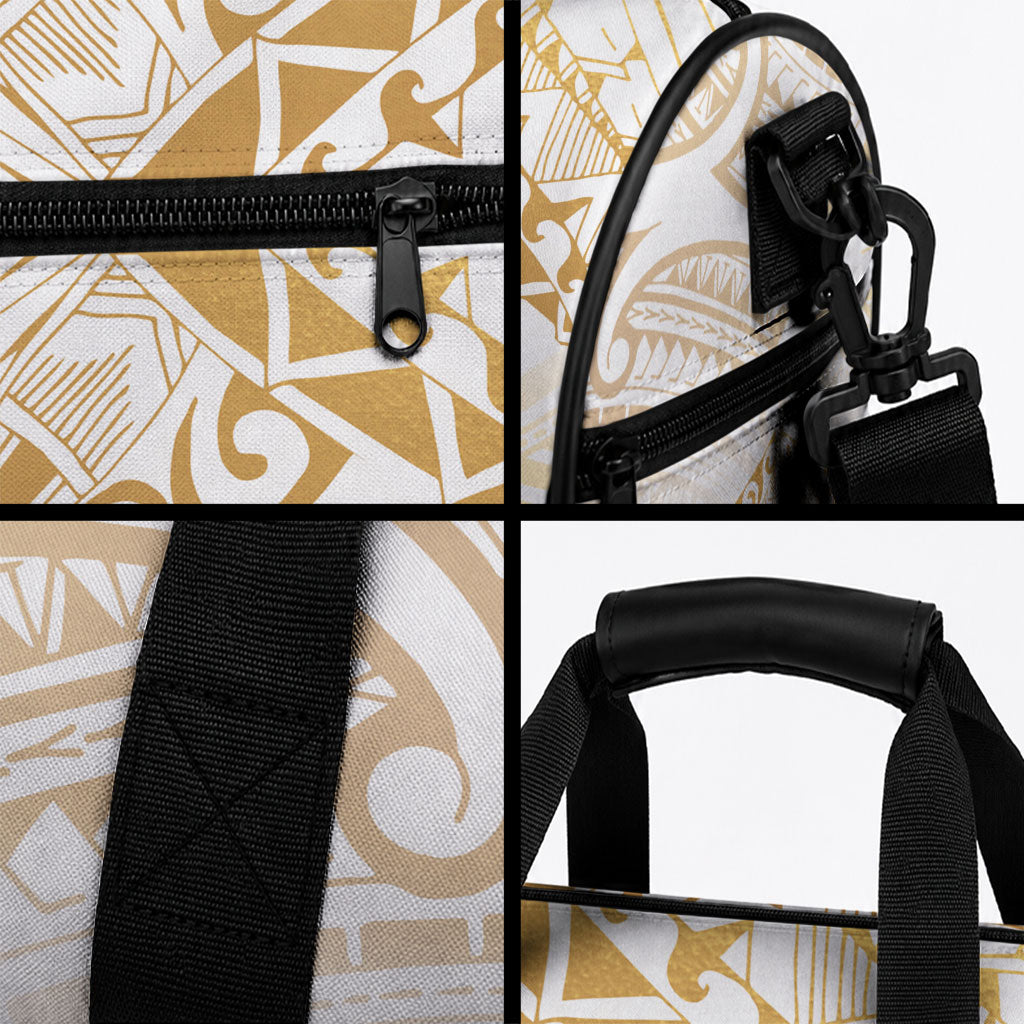 White and Gold Polynesia Duffle Bag Plumeria Tattoo With Polynesian Pattern