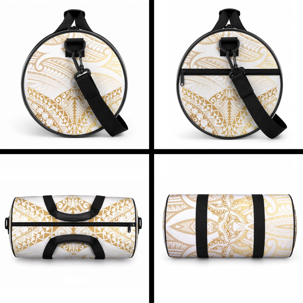 White and Gold Polynesia Duffle Bag Plumeria Tattoo With Polynesian Pattern