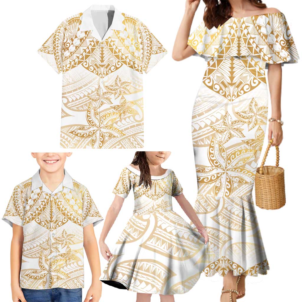 White and Gold Polynesia Family Matching Mermaid Dress and Hawaiian Shirt Plumeria Tattoo With Polynesian Pattern LT14 - Polynesian Pride