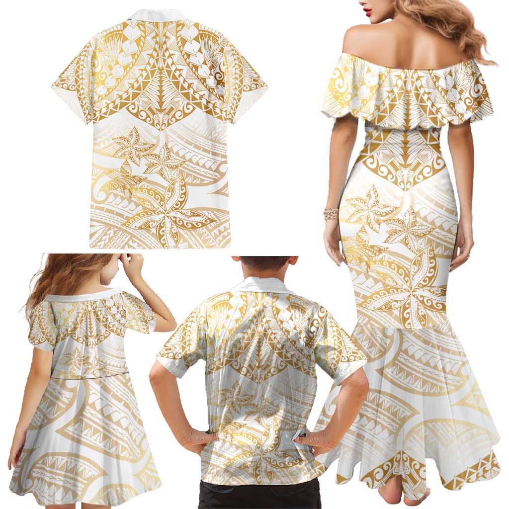 White and Gold Polynesia Family Matching Mermaid Dress and Hawaiian Shirt Plumeria Tattoo With Polynesian Pattern LT14 - Polynesian Pride