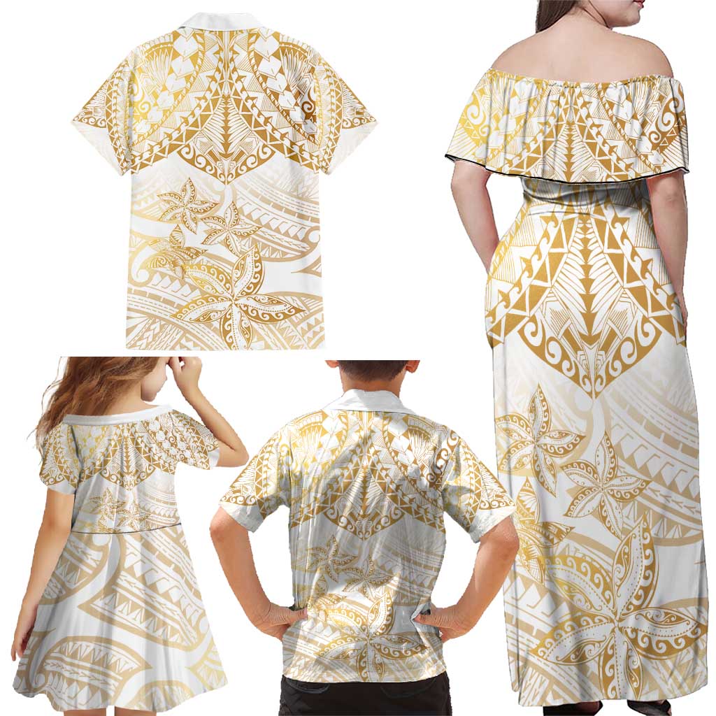 White and Gold Polynesia Family Matching Off Shoulder Maxi Dress and Hawaiian Shirt Plumeria Tattoo With Polynesian Pattern LT14 - Polynesian Pride