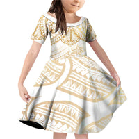 White and Gold Polynesia Family Matching Off Shoulder Short Dress and Hawaiian Shirt Plumeria Tattoo With Polynesian Pattern LT14 Daughter's Dress White - Polynesian Pride