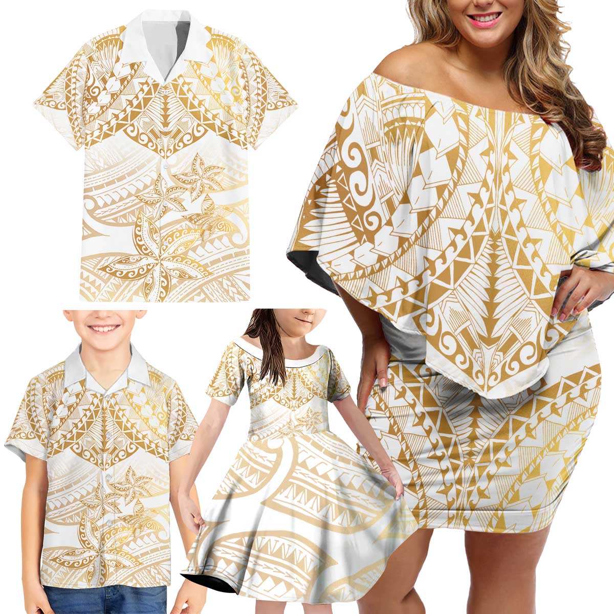 White and Gold Polynesia Family Matching Off Shoulder Short Dress and Hawaiian Shirt Plumeria Tattoo With Polynesian Pattern LT14 - Polynesian Pride