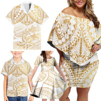 White and Gold Polynesia Family Matching Off Shoulder Short Dress and Hawaiian Shirt Plumeria Tattoo With Polynesian Pattern LT14 - Polynesian Pride