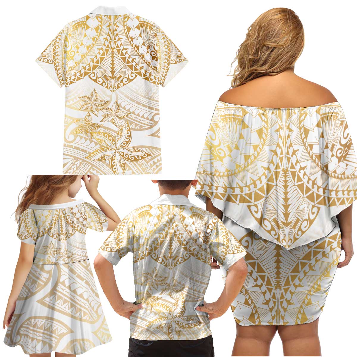 White and Gold Polynesia Family Matching Off Shoulder Short Dress and Hawaiian Shirt Plumeria Tattoo With Polynesian Pattern LT14 - Polynesian Pride