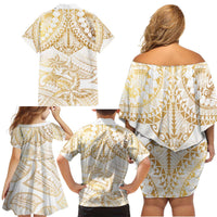 White and Gold Polynesia Family Matching Off Shoulder Short Dress and Hawaiian Shirt Plumeria Tattoo With Polynesian Pattern LT14 - Polynesian Pride