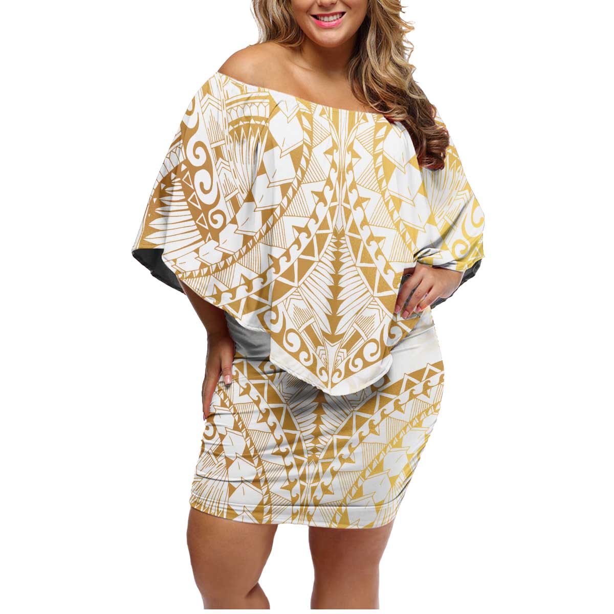 White and Gold Polynesia Family Matching Off Shoulder Short Dress and Hawaiian Shirt Plumeria Tattoo With Polynesian Pattern LT14 Mom's Dress White - Polynesian Pride