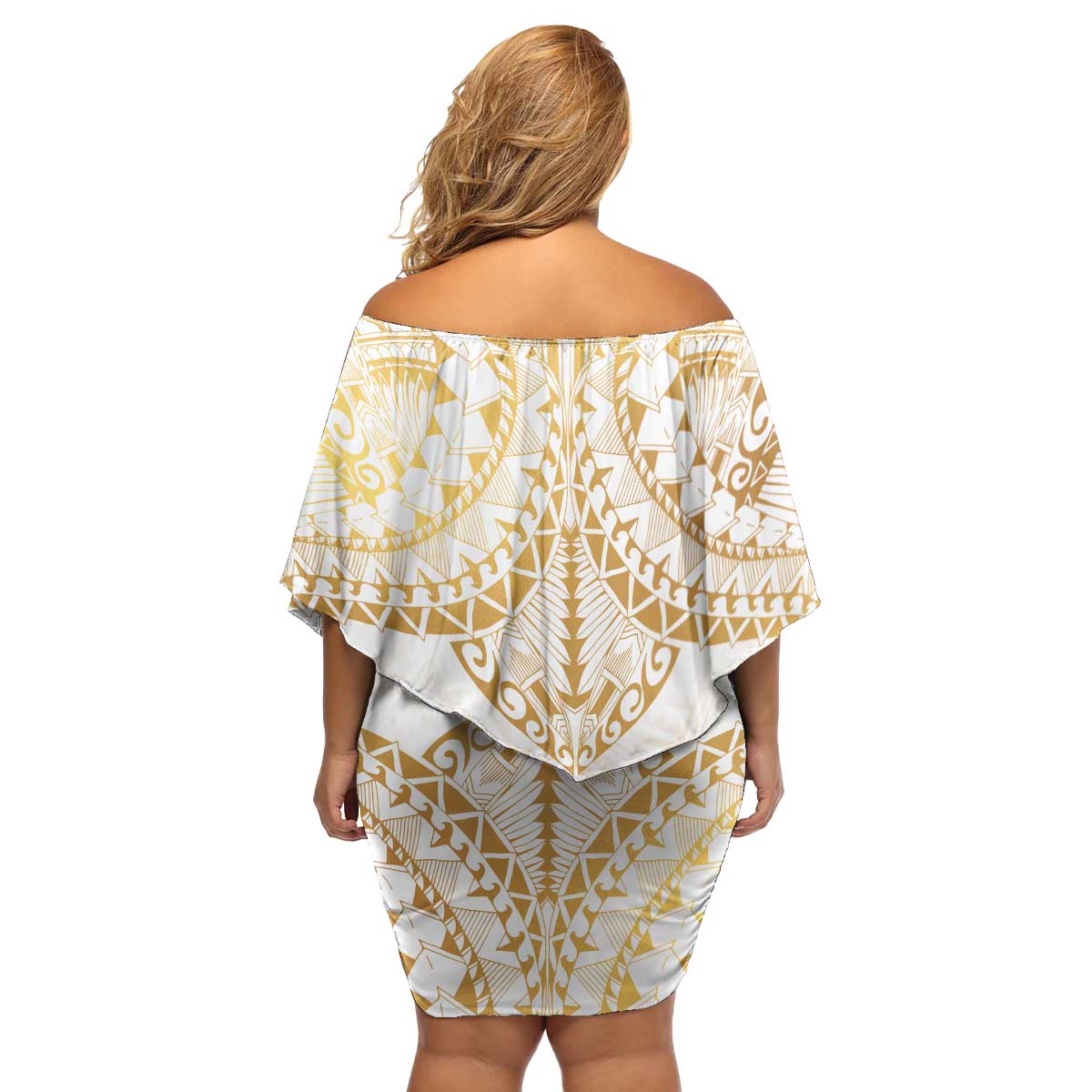 White and Gold Polynesia Family Matching Off Shoulder Short Dress and Hawaiian Shirt Plumeria Tattoo With Polynesian Pattern LT14 - Polynesian Pride