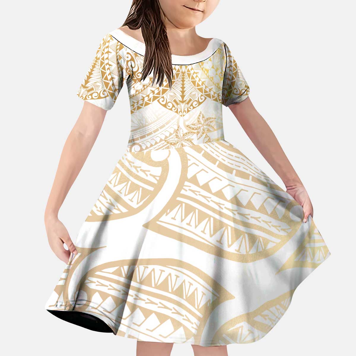 White and Gold Polynesia Family Matching Puletasi and Hawaiian Shirt Plumeria Tattoo With Polynesian Pattern LT14 Daughter's Dress White - Polynesian Pride
