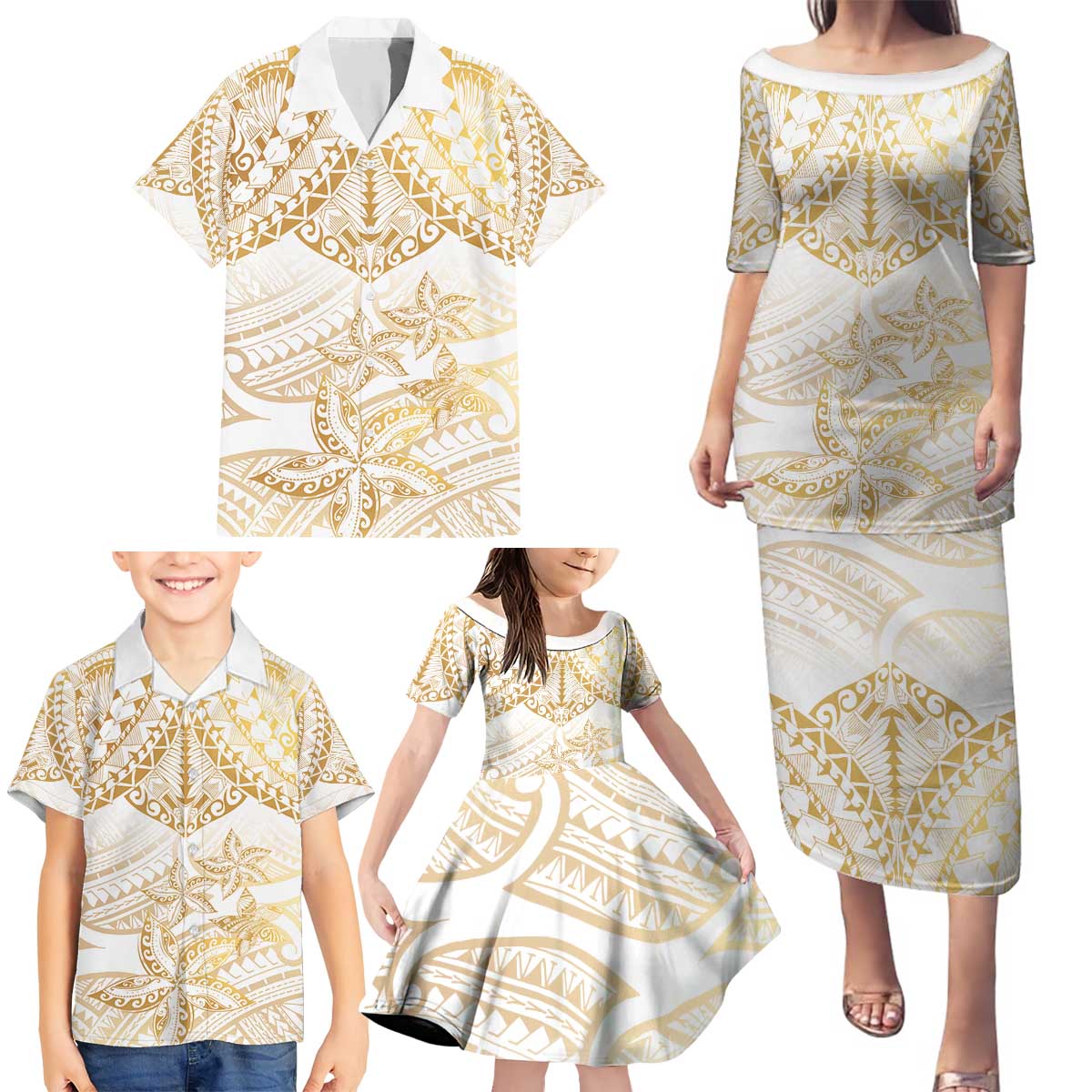White and Gold Polynesia Family Matching Puletasi and Hawaiian Shirt Plumeria Tattoo With Polynesian Pattern LT14 - Polynesian Pride