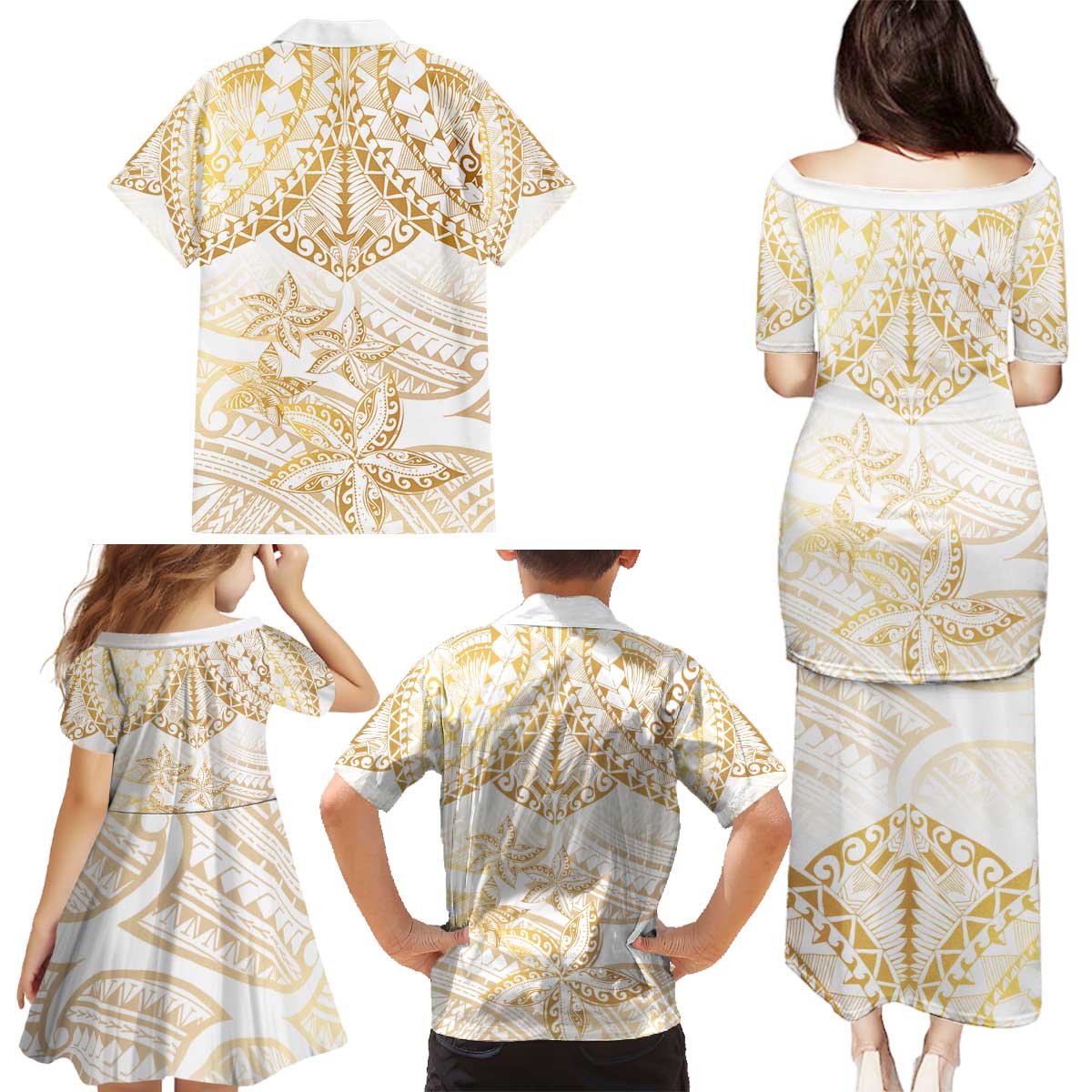 White and Gold Polynesia Family Matching Puletasi and Hawaiian Shirt Plumeria Tattoo With Polynesian Pattern LT14 - Polynesian Pride