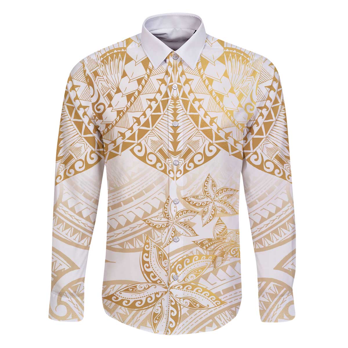White and Gold Polynesia Family Matching Puletasi and Hawaiian Shirt Plumeria Tattoo With Polynesian Pattern LT14 Dad's Shirt - Long Sleeve White - Polynesian Pride
