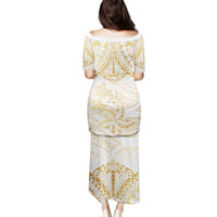 White and Gold Polynesia Family Matching Puletasi and Hawaiian Shirt Plumeria Tattoo With Polynesian Pattern LT14 - Polynesian Pride
