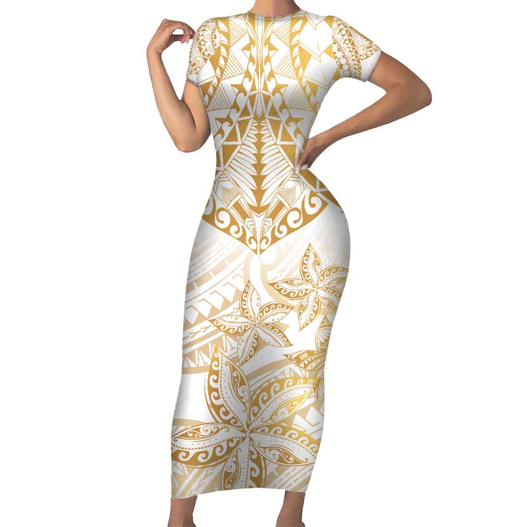 White and Gold Polynesia Family Matching Short Sleeve Bodycon Dress and Hawaiian Shirt Plumeria Tattoo With Polynesian Pattern LT14 Mom's Dress White - Polynesian Pride