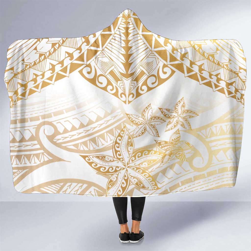 White and Gold Polynesia Hooded Blanket Plumeria Tattoo With Polynesian Pattern