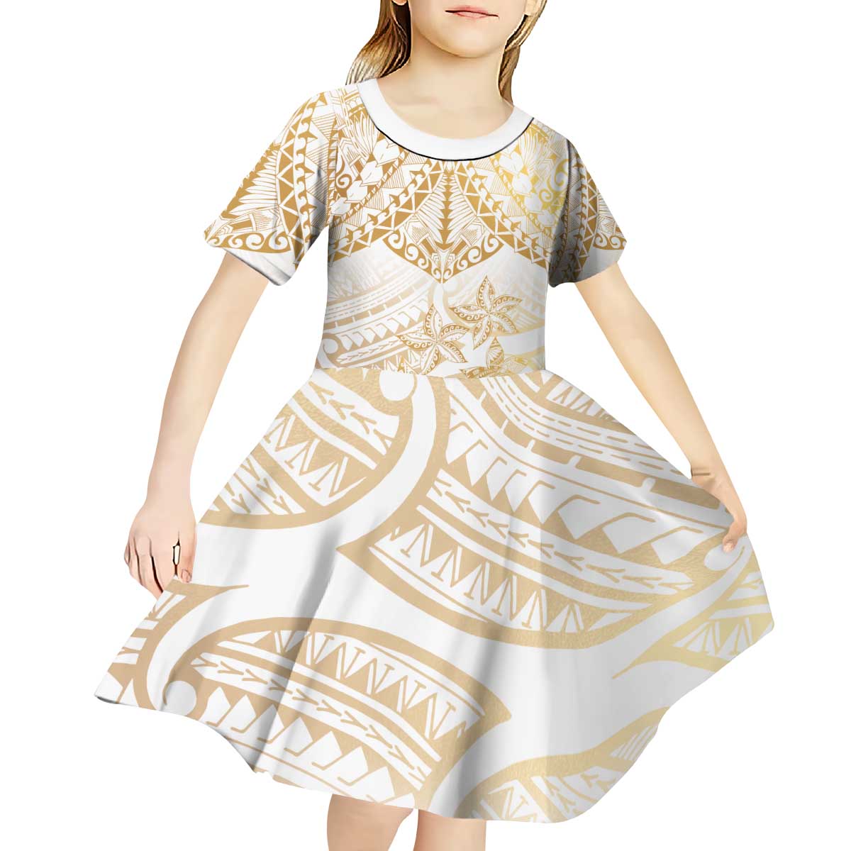 White and Gold Polynesia Kid Short Sleeve Dress Plumeria Tattoo With Polynesian Pattern LT14 - Polynesian Pride
