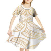 White and Gold Polynesia Kid Short Sleeve Dress Plumeria Tattoo With Polynesian Pattern LT14 - Polynesian Pride