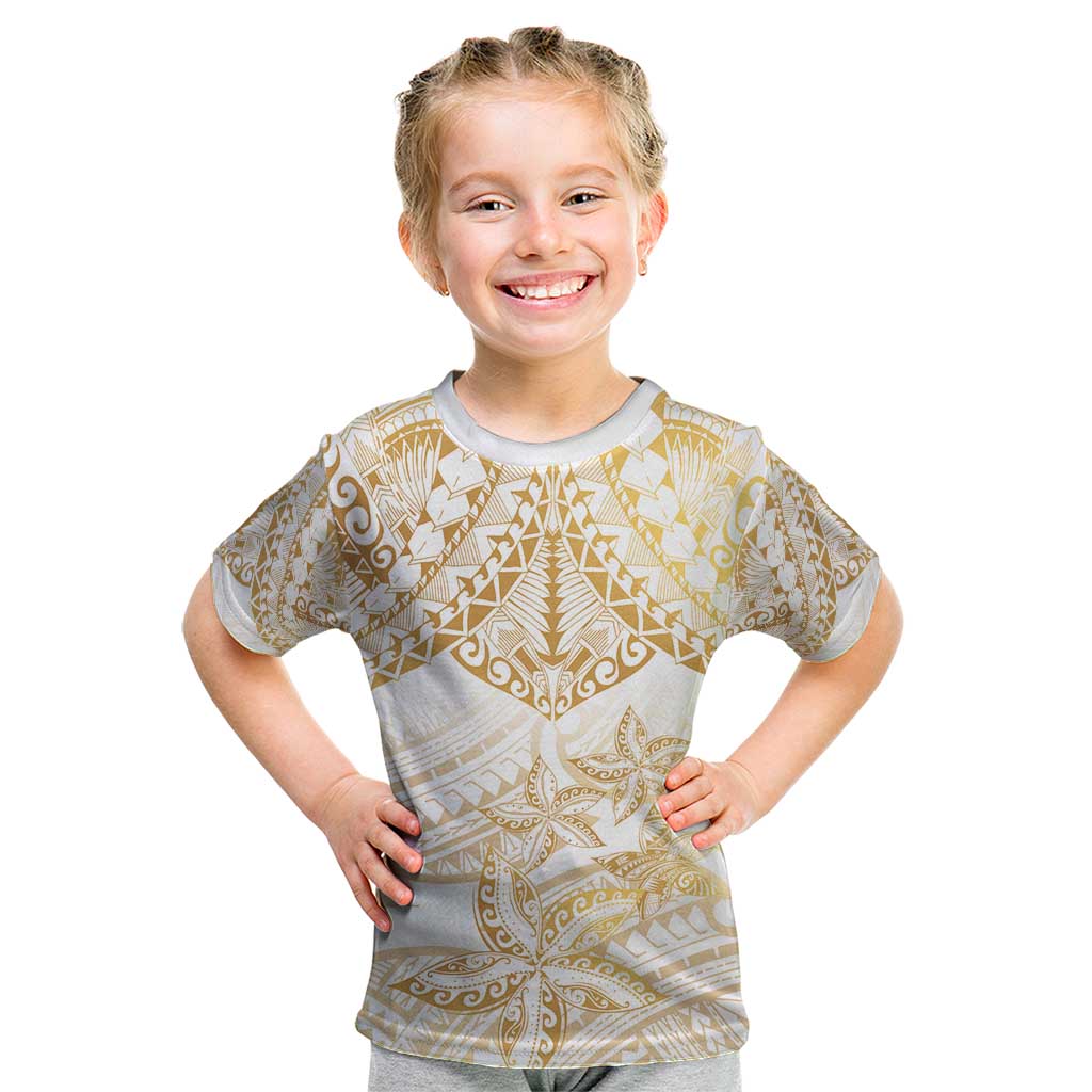 White and Gold Polynesia Kid T Shirt Plumeria Tattoo With Polynesian Pattern LT14 White - Polynesian Pride