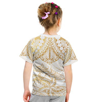 White and Gold Polynesia Kid T Shirt Plumeria Tattoo With Polynesian Pattern LT14 - Polynesian Pride