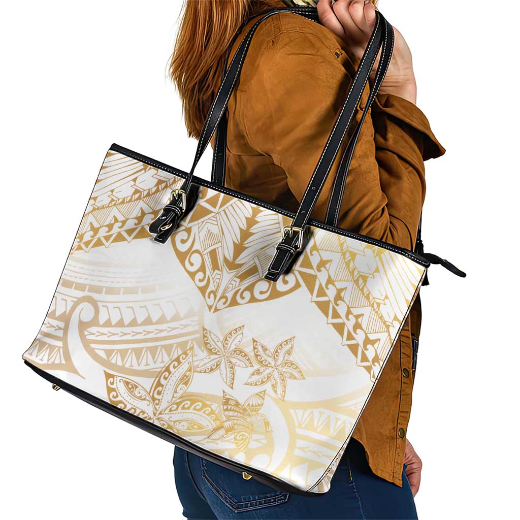 White and Gold Polynesia Leather Tote Bag Plumeria Tattoo With Polynesian Pattern LT14 - Polynesian Pride