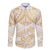 White and Gold Polynesia Long Sleeve Button Shirt Plumeria Tattoo With Polynesian Pattern LT14 Unisex White - Polynesian Pride