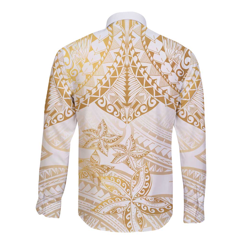 White and Gold Polynesia Long Sleeve Button Shirt Plumeria Tattoo With Polynesian Pattern LT14 - Polynesian Pride