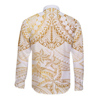White and Gold Polynesia Long Sleeve Button Shirt Plumeria Tattoo With Polynesian Pattern LT14 - Polynesian Pride