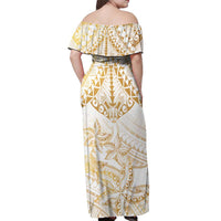 White and Gold Polynesia Off Shoulder Maxi Dress Plumeria Tattoo With Polynesian Pattern LT14 - Polynesian Pride