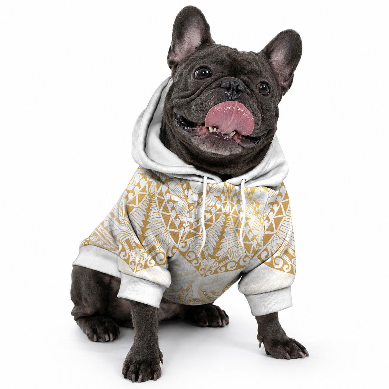 White and Gold Polynesia Pet Hoodie Plumeria Tattoo With Polynesian Pattern