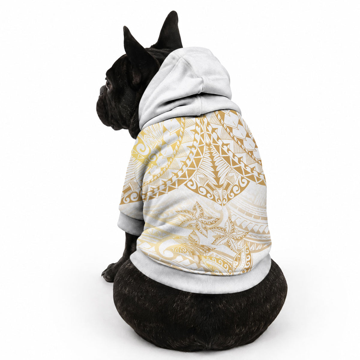 White and Gold Polynesia Pet Hoodie Plumeria Tattoo With Polynesian Pattern
