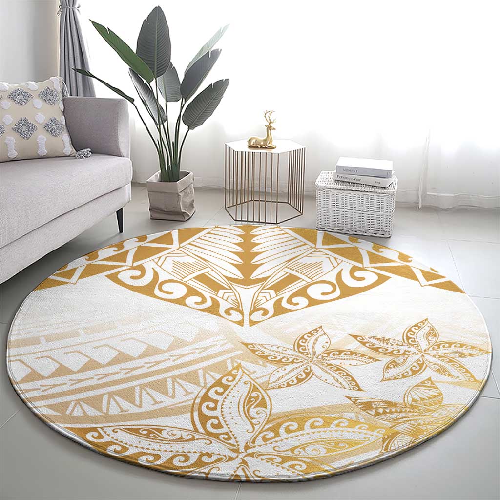 White and Gold Polynesia Round Carpet Plumeria Tattoo With Polynesian Pattern