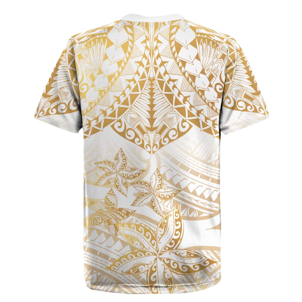 White and Gold Polynesia Rugby Jersey Plumeria Tattoo With Polynesian Pattern