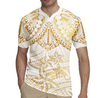 White and Gold Polynesia Rugby Jersey Plumeria Tattoo With Polynesian Pattern