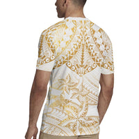 White and Gold Polynesia Rugby Jersey Plumeria Tattoo With Polynesian Pattern