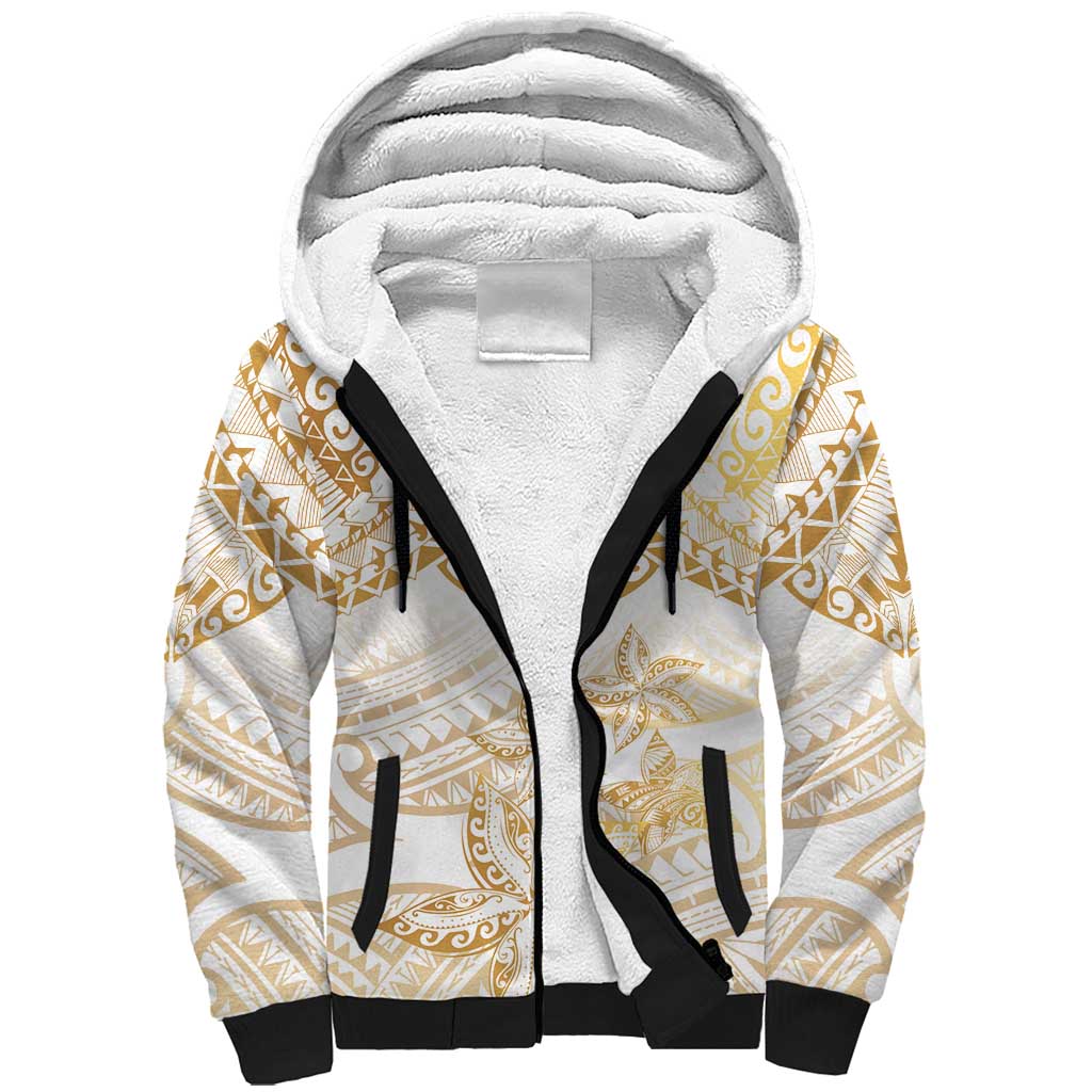 White and Gold Polynesia Sherpa Hoodie Plumeria Tattoo With Polynesian Pattern