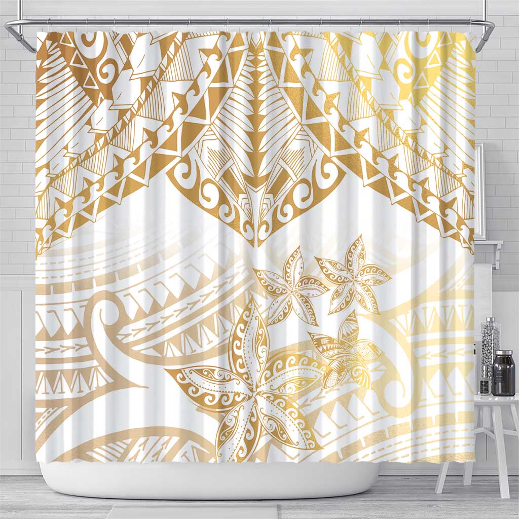 White and Gold Polynesia Shower Curtain Plumeria Tattoo With Polynesian Pattern LT14 - Polynesian Pride