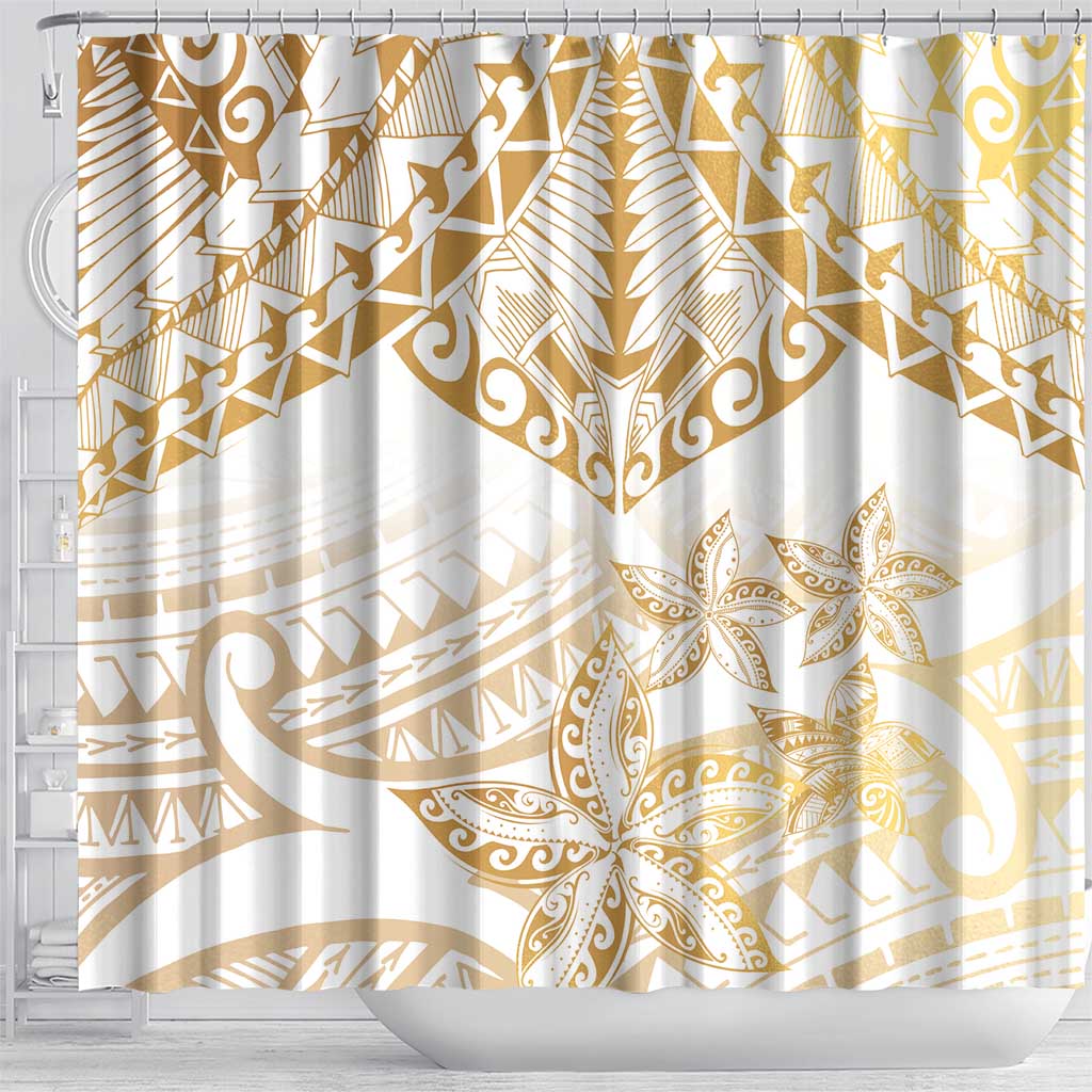White and Gold Polynesia Shower Curtain Plumeria Tattoo With Polynesian Pattern LT14 - Polynesian Pride