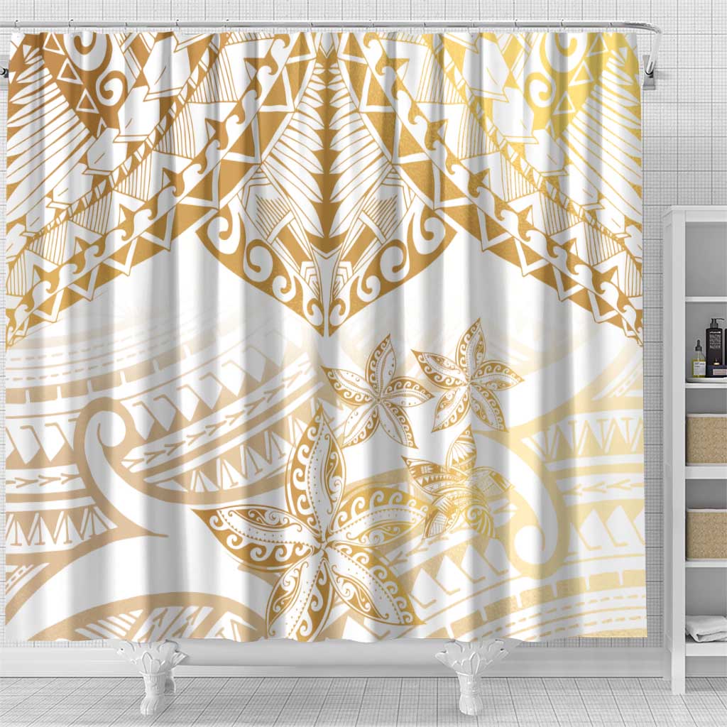 White and Gold Polynesia Shower Curtain Plumeria Tattoo With Polynesian Pattern LT14 - Polynesian Pride